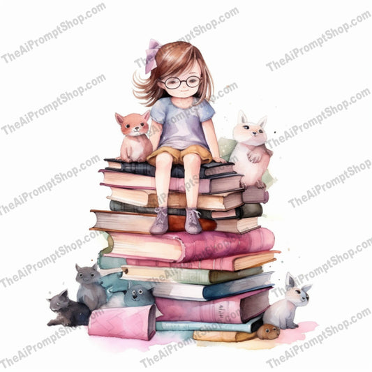 AI Midjourney Prompt for C73 - Storybook Illustrations - Girl on Books Pile