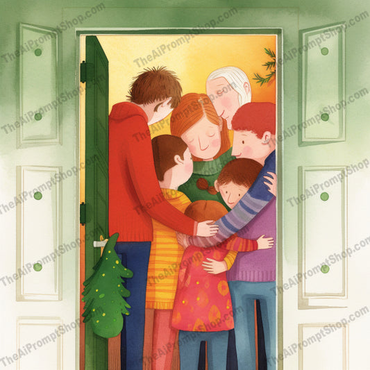 AI Midjourney Prompt for C117 - Storybook Illustrations - Christmas Embrace by the Door