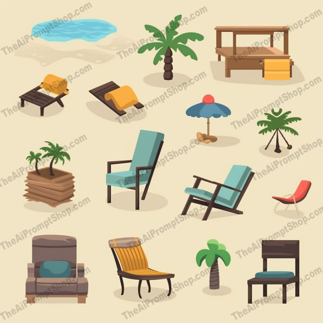 AI Midjourney Prompt for Isometrics - B188s -  Beach Furniture Icons