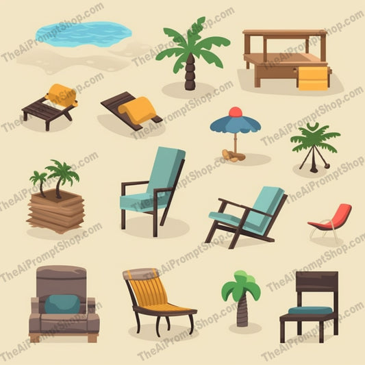 AI Midjourney Prompt for Isometrics - B188s -  Beach Furniture Icons