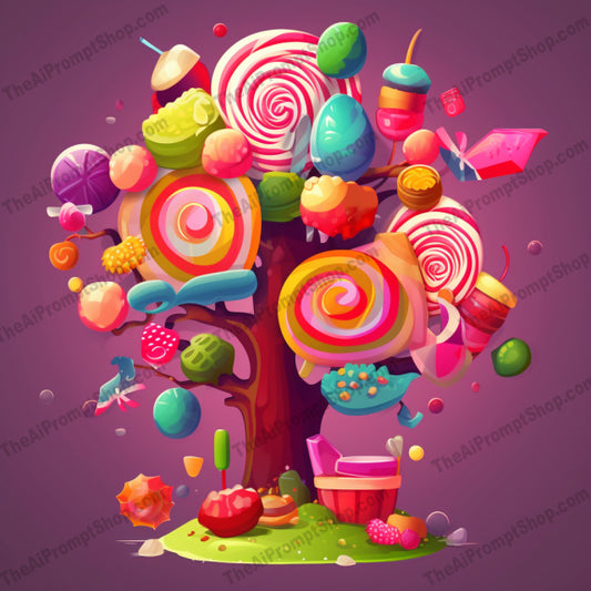 AI Midjourney Prompt for Illustrations - B255s -  Candy Tree and Candy Illustration