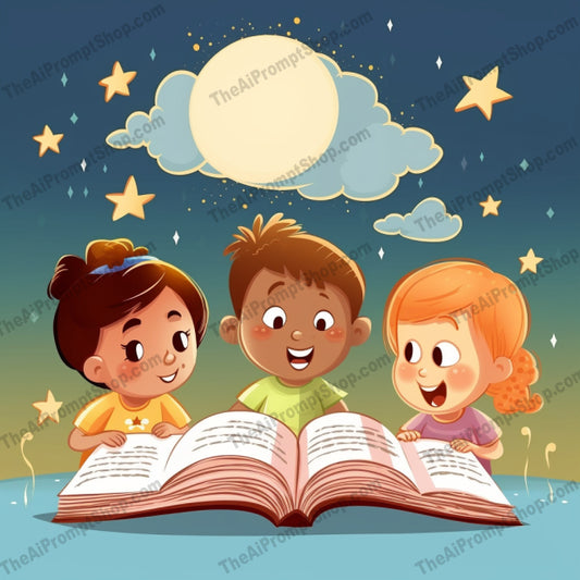 AI Midjourney Prompt for C115 - Storybook Illustrations - Open Book with Kids Reading in the Sky