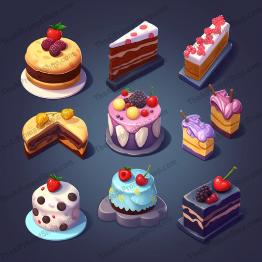 AI Midjourney Prompt for Game Assets - B263s -  Isometric Cake Icons with Multiple Patterns