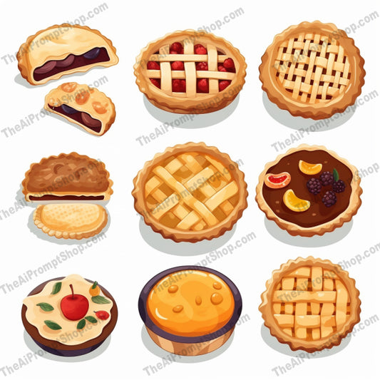 AI Midjourney Prompt for Game Assets - B211s -  Realistic yet Stylized Pie Designs on White Background