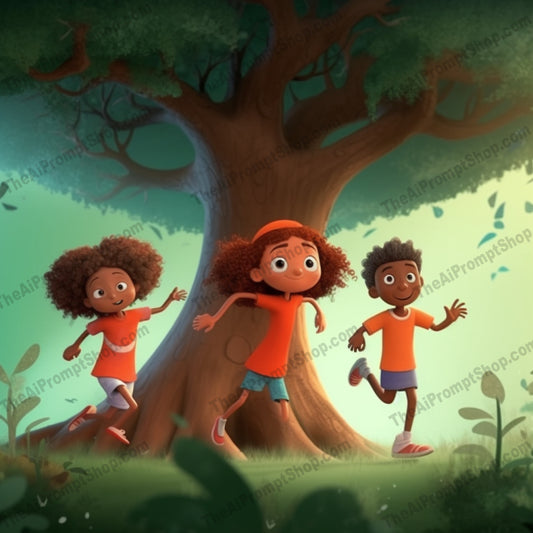 AI Midjourney Prompt for C163 - Storybook Illustrations - Whimsical Tree Kids: Playful Animation