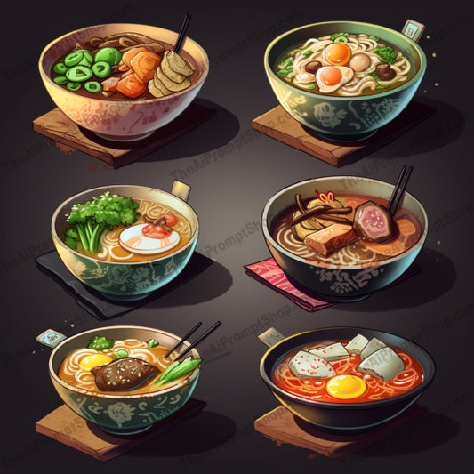 AI Midjourney Prompt for Food - B202s -  Various Types of Asian Food in Bowls