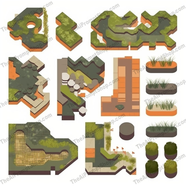 AI Midjourney Prompt for Game Assets - B269s -  Modular Topographical Elements for Gardens