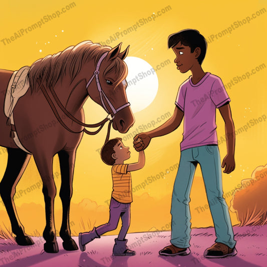 AI Midjourney Prompt for C19 - Storybook Illustrations - Kid and Horse in the Ground