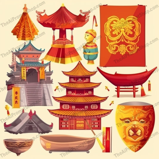 AI Midjourney Prompt for Game Assets - B293s -  Chinese Culture Vector Set