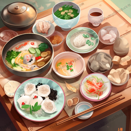 AI Midjourney Prompt for Food - B316s -  Asian Food Plate and Utensil Collection