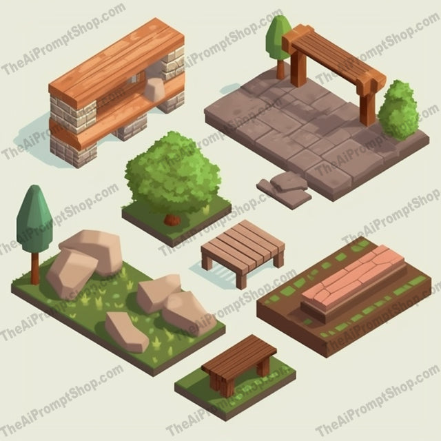 AI Midjourney Prompt for Isometric Wood and Stone Set