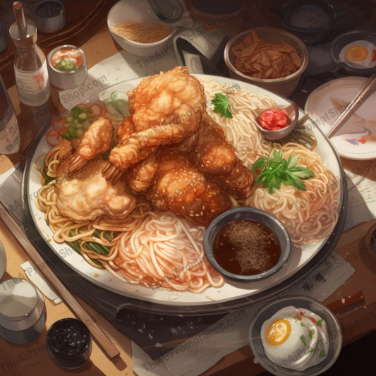 AI Midjourney Prompt for Food - B314s -  Fried Chicken and Noodles Plate Art