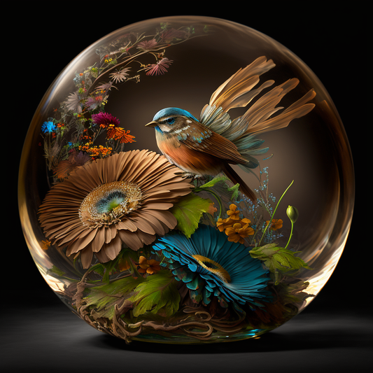 AI Midjourney Prompt for Glass Orb with flowers and birds