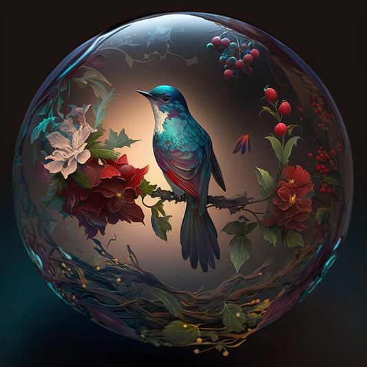 AI Midjourney Prompt for Glass Orb with flowers and birds